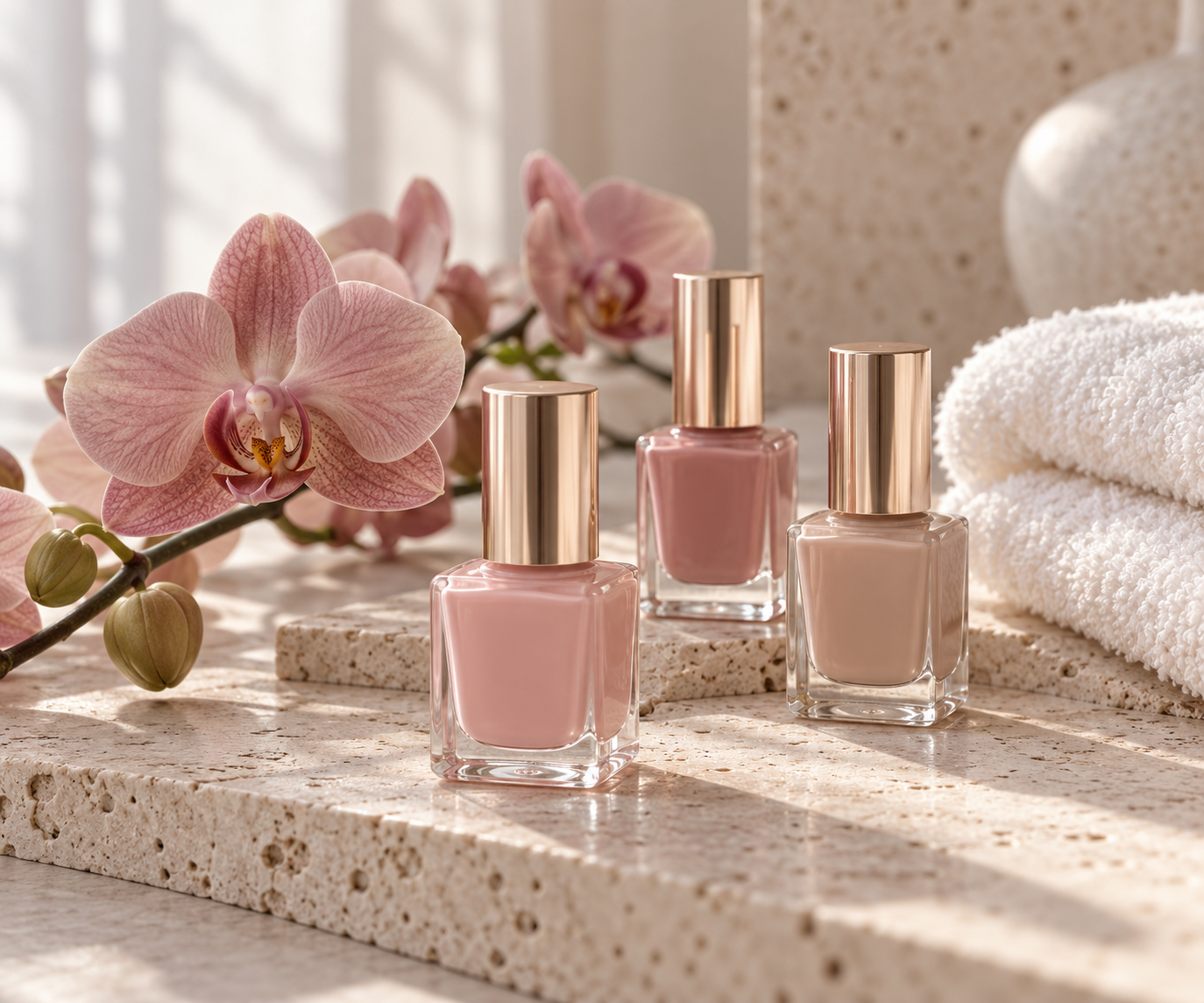Illustrative still life of blush nail polish bottles, orchid sprig, and folded towel