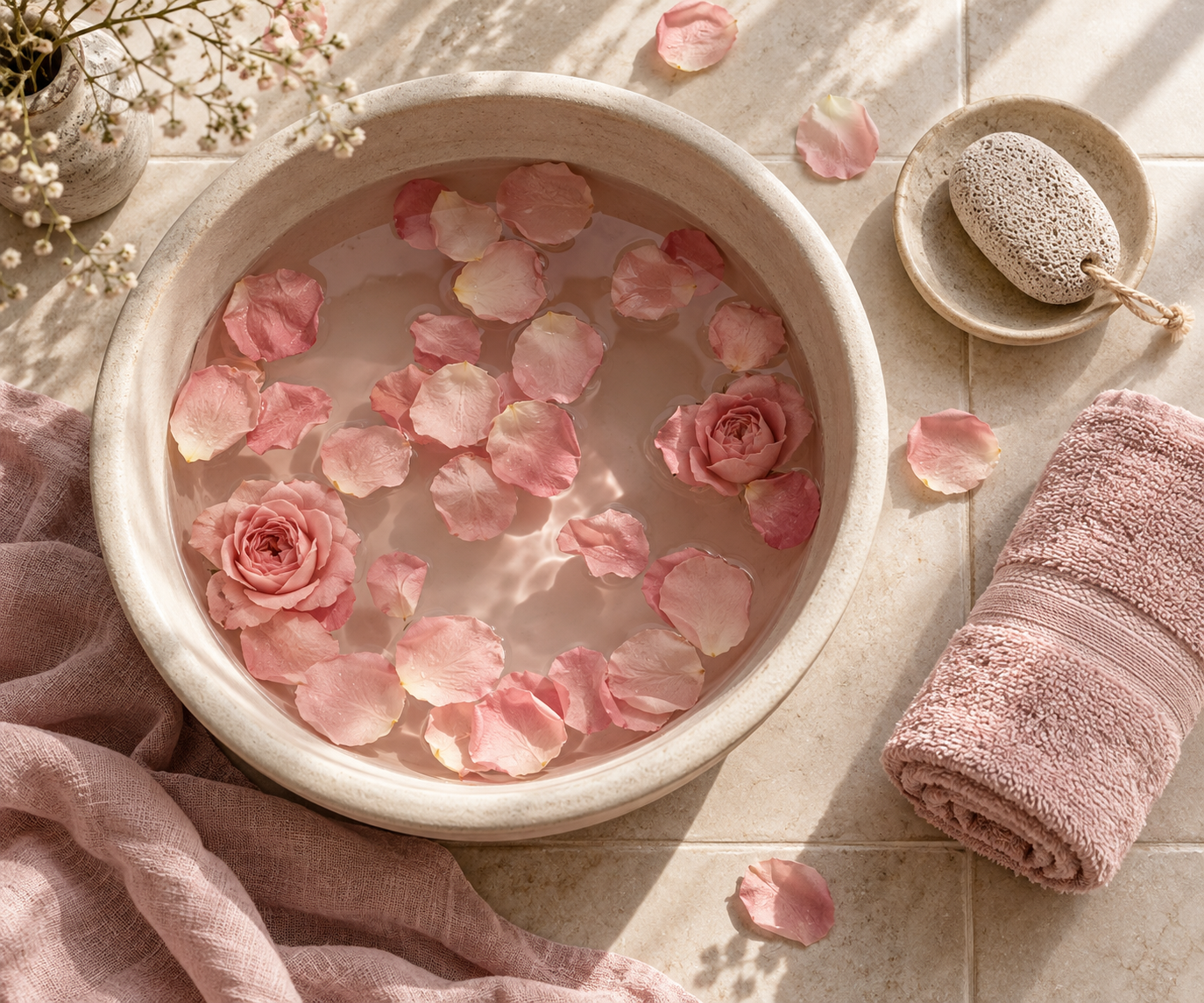 Illustrative still life of a foot bath with rose petals and rolled towel